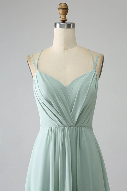 A-Line Spaghetti Straps Backless Pleated Long Bridesmaid Dress