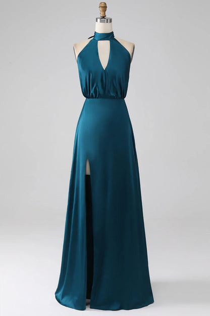 A-Line Halter Neck Long Bridesmaid Dress With Slit