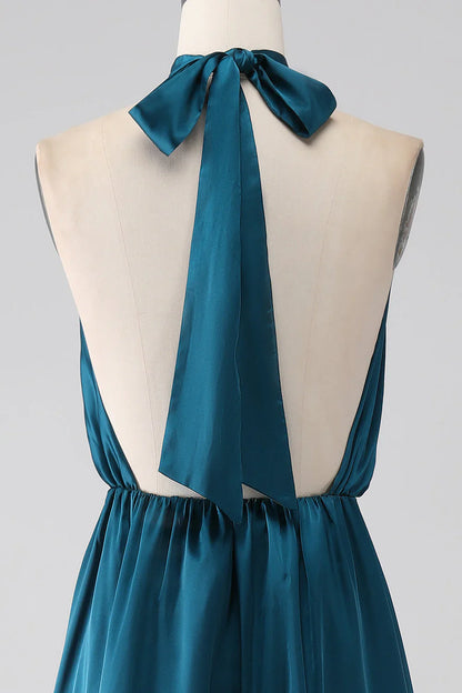 A-Line Halter Neck Long Bridesmaid Dress With Slit