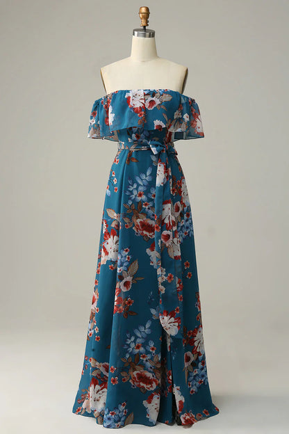 Floral Boho Chiffon Long Bridesmaid Dress