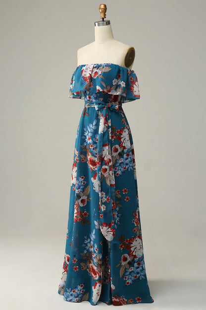 Floral Boho Chiffon Long Bridesmaid Dress