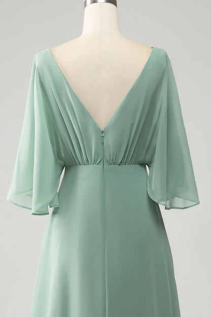 Batwing Sleeves Long Chiffon Bridesmaid Dress With Slit