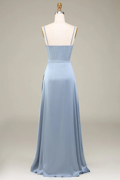 A-Line Spaghetti Straps Satin Long Bridesmaid Dress