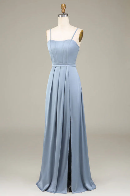 A-Line Spaghetti Straps Satin Long Bridesmaid Dress