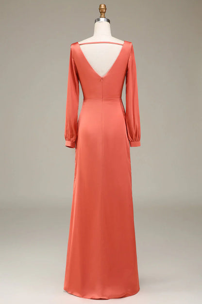 A-Line V-Neck Satin Bridesmaid Dress With Slit