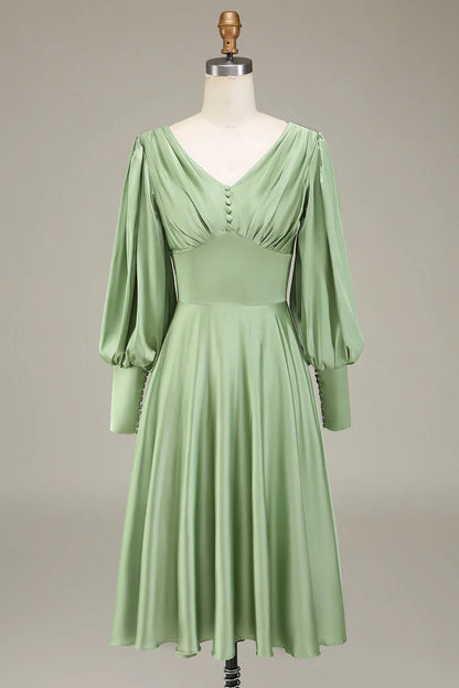 A-Line V-Neck Satin Bridesmaid Dress With Long Sleeves