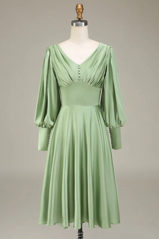 A-Line V-Neck Satin Bridesmaid Dress With Long Sleeves