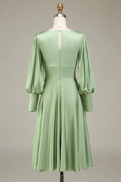 A-Line V-Neck Satin Bridesmaid Dress With Long Sleeves