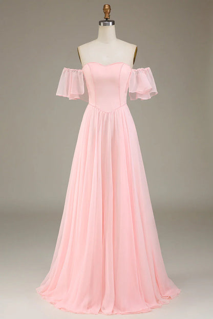 A-Line Off The Shoulder Chiffon Blush Pink Long Bridesmaid Dress