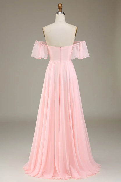 A-Line Off The Shoulder Chiffon Blush Pink Long Bridesmaid Dress