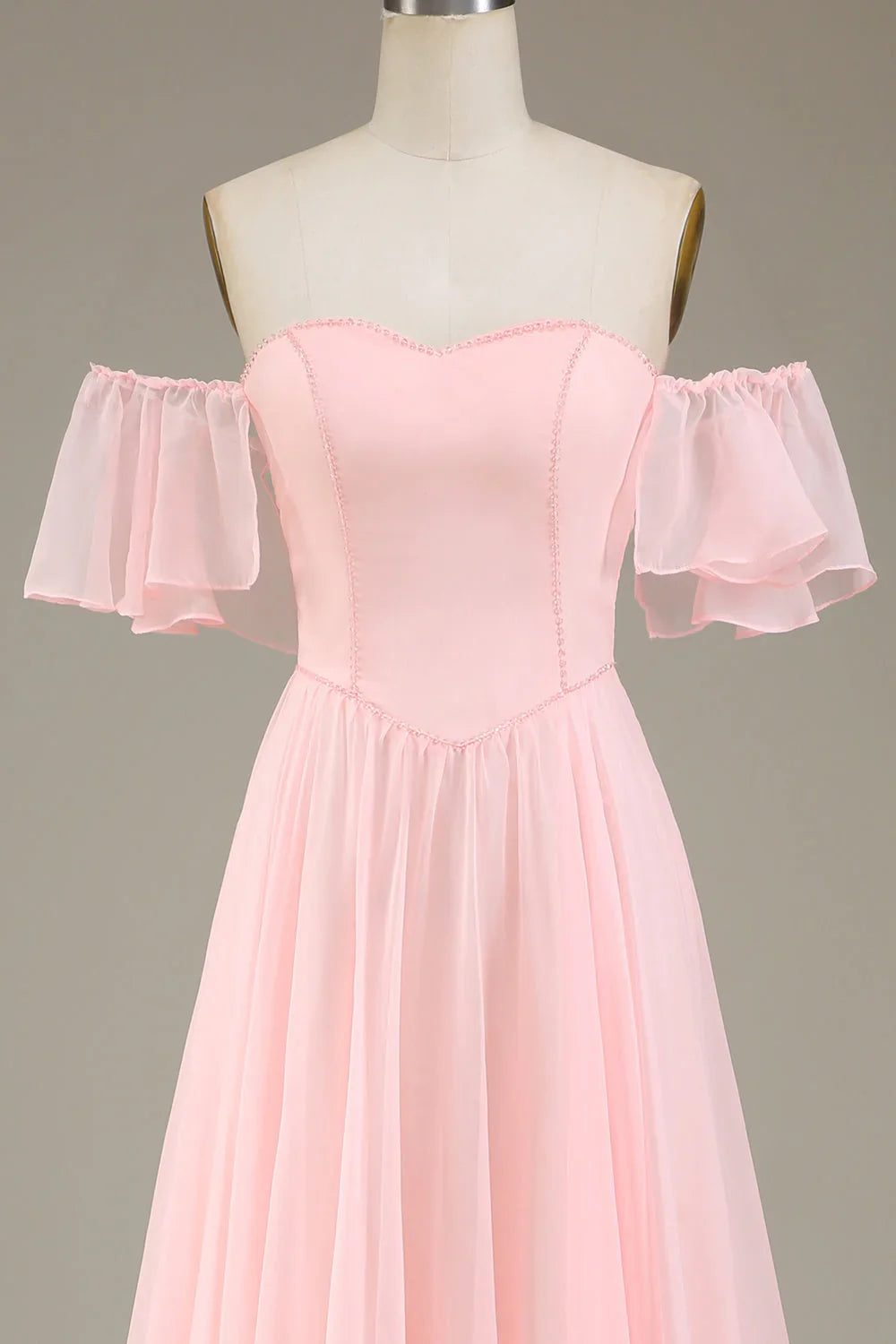 A-Line Off The Shoulder Chiffon Blush Pink Long Bridesmaid Dress