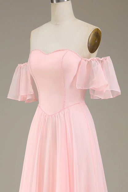 A-Line Off The Shoulder Chiffon Blush Pink Long Bridesmaid Dress