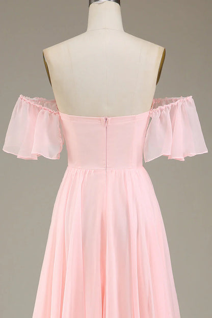 A-Line Off The Shoulder Chiffon Blush Pink Long Bridesmaid Dress