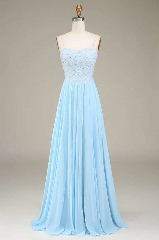 A-Line Spaghetti Straps Chiffon Long Bridesmaid Dress With Beading