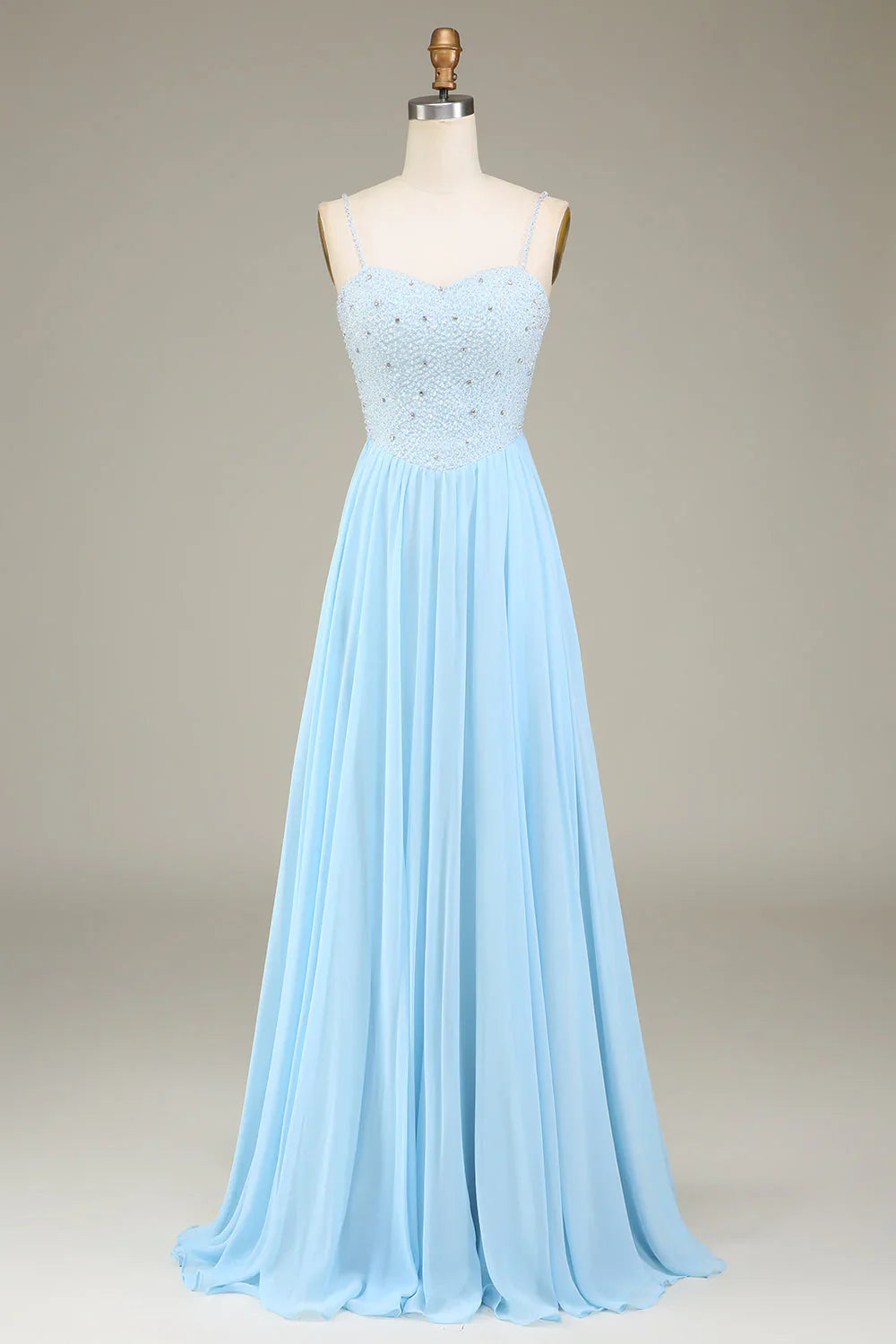 A-Line Spaghetti Straps Chiffon Long Bridesmaid Dress With Beading