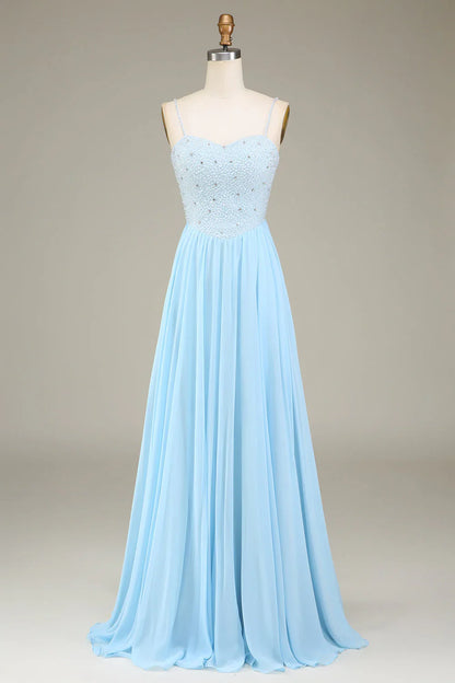 A-Line Spaghetti Straps Chiffon Long Bridesmaid Dress With Beading