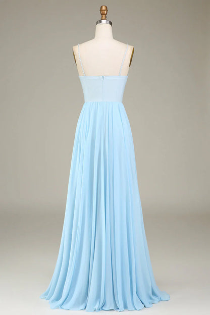 A-Line Spaghetti Straps Chiffon Long Bridesmaid Dress With Beading