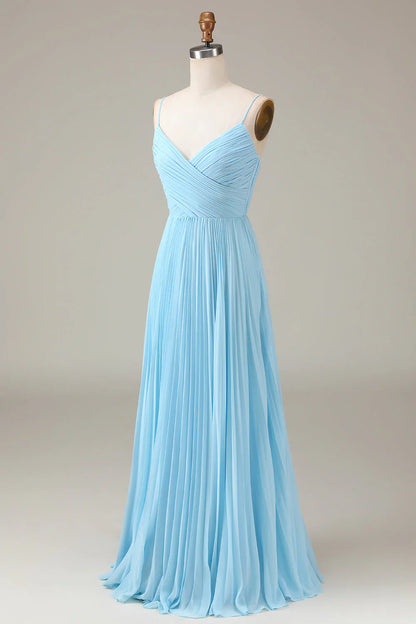 Spaghetti Straps V-Neck A-Line Pleated Chiffon Bridesmaid Dress