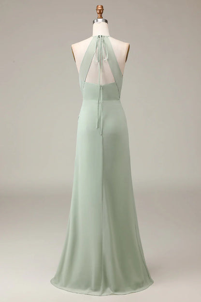 Halter Neck Sheath Pleated Bridesmaid Dress With Slit