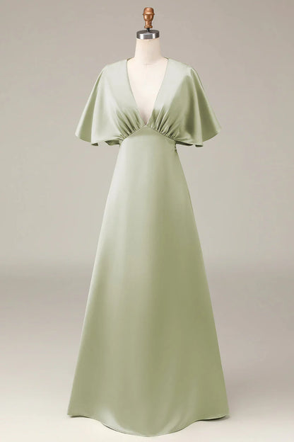 V-Neck Short Sleeves A-Line Satin Bridesmaid Dress