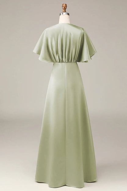 V-Neck Short Sleeves A-Line Satin Bridesmaid Dress