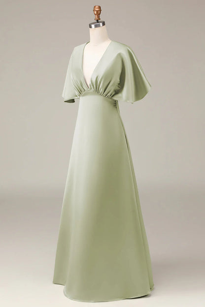 V-Neck Short Sleeves A-Line Satin Bridesmaid Dress