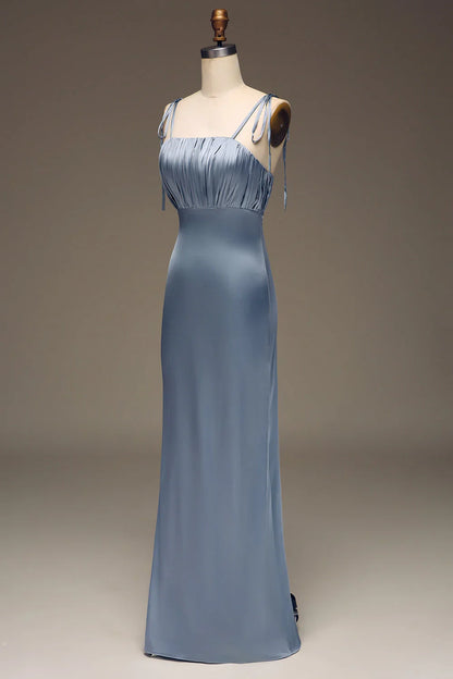 Spaghetti Straps Sheath Satin Pleated Bridesmaid Dress