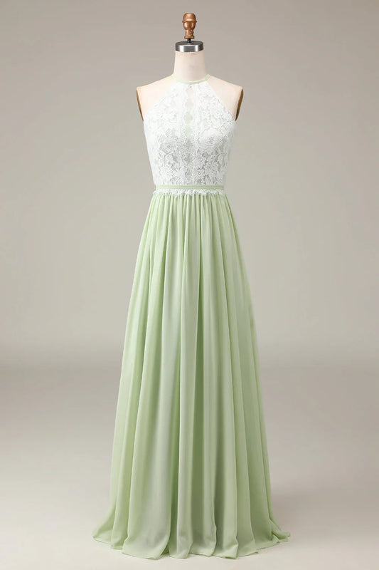 Halter Neck Lace And Chiffon A-Line Floor Length Bridesmaid Dress