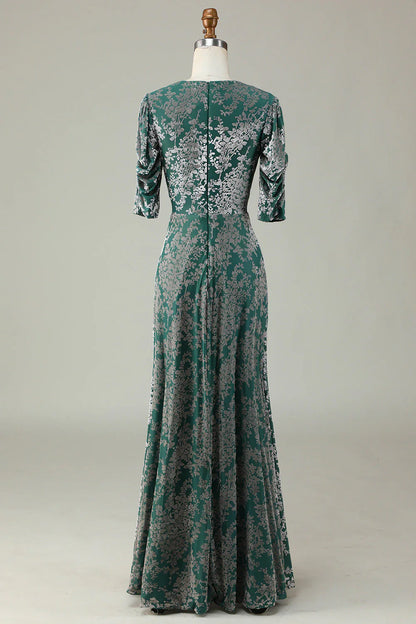 Grey Green Mermaid Velvet Bridesmaid Dress With Sleeves