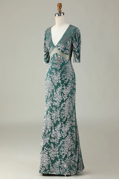Grey Green Mermaid Velvet Bridesmaid Dress With Sleeves