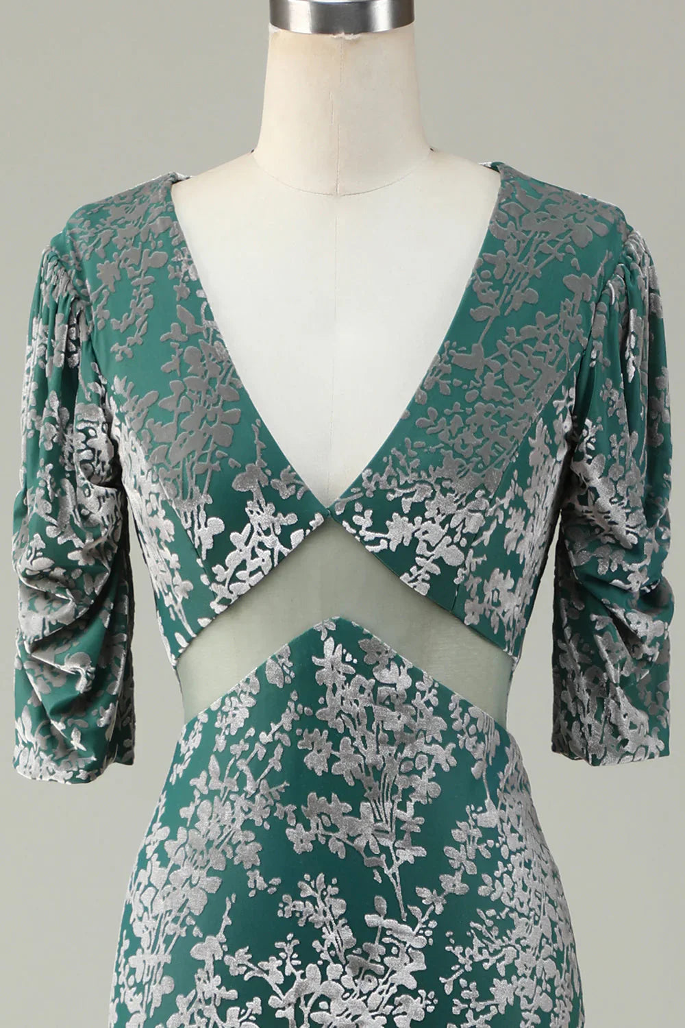 Grey Green Mermaid Velvet Bridesmaid Dress With Sleeves