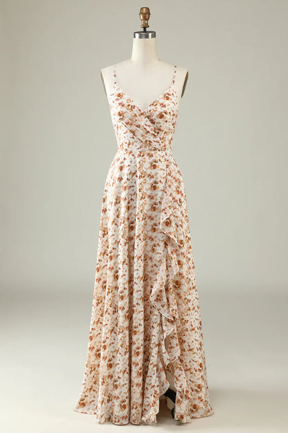 Spaghetti Straps Brown Floral Boho Bridesmaid Dress With Ruffles