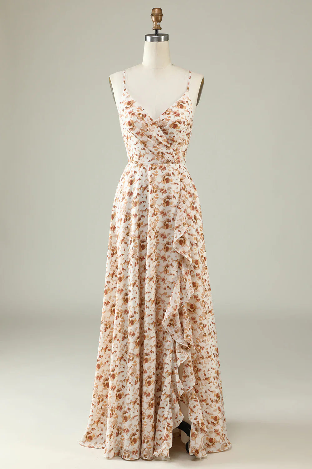 Spaghetti Straps Brown Floral Boho Bridesmaid Dress With Ruffles
