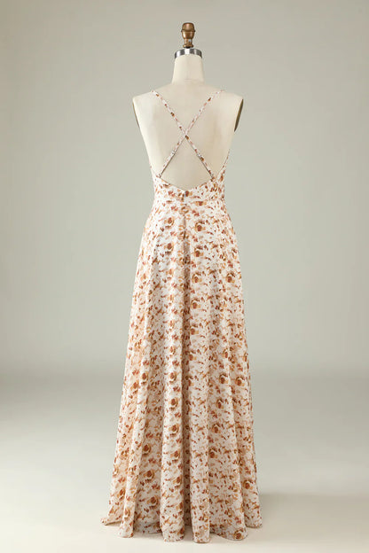 Spaghetti Straps Brown Floral Boho Bridesmaid Dress With Ruffles