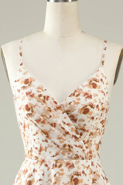 Spaghetti Straps Brown Floral Boho Bridesmaid Dress With Ruffles