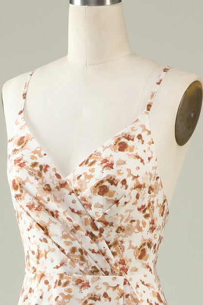 Spaghetti Straps Brown Floral Boho Bridesmaid Dress With Ruffles