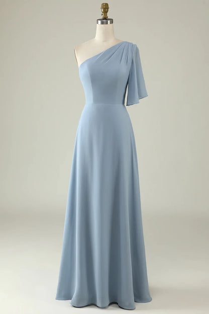 Back Lace Up One Shoulder Chiffon Boho Bridesmaid Dress