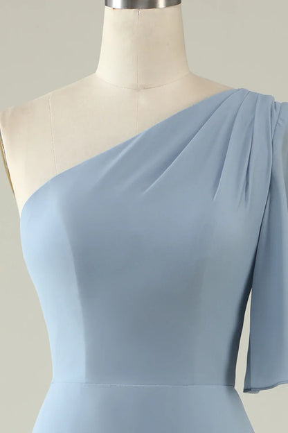 Back Lace Up One Shoulder Chiffon Boho Bridesmaid Dress
