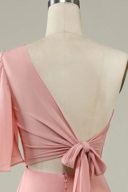 Back Lace Up One Shoulder Chiffon Boho Bridesmaid Dress