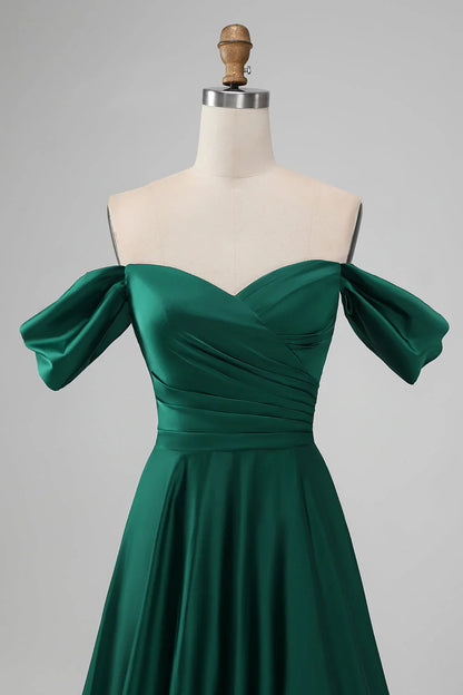 Off The Shouder A Line Satin Long Bridesmaid Dress