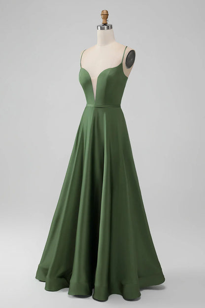 Satin V Neck A-Line Long Bridesmaid Dress
