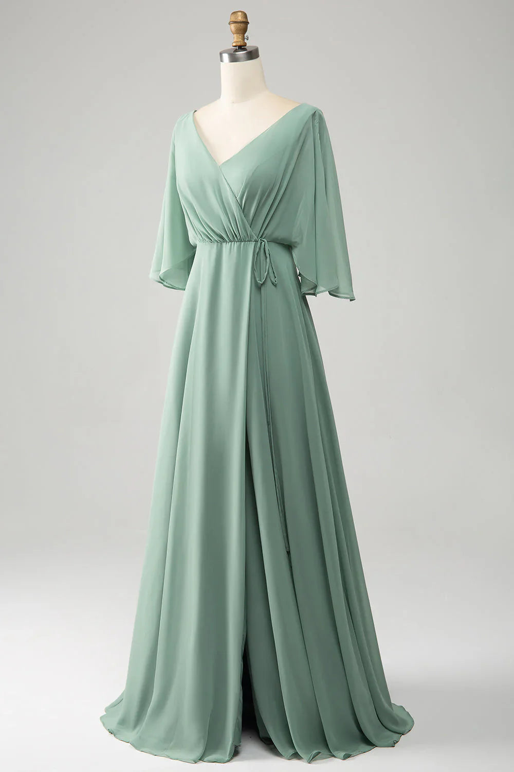 Batwing Sleeves Long Chiffon Bridesmaid Dress With Slit
