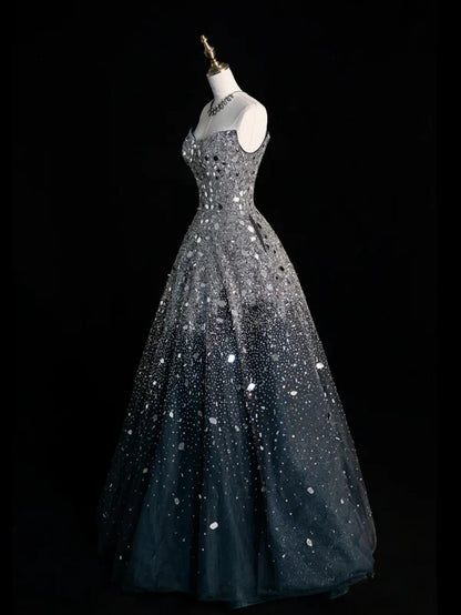 Black silver gorgeous sparkling elegant galaxy long sequined tulle floor-length ball gown evening dress gh4378