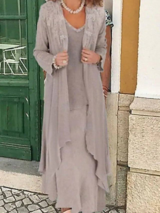 Two Piece A-Line Mother of the Bride Dress Wrap Included V Neck Floor Length Chiffon Long Sleeve with Appliques - RongMoon