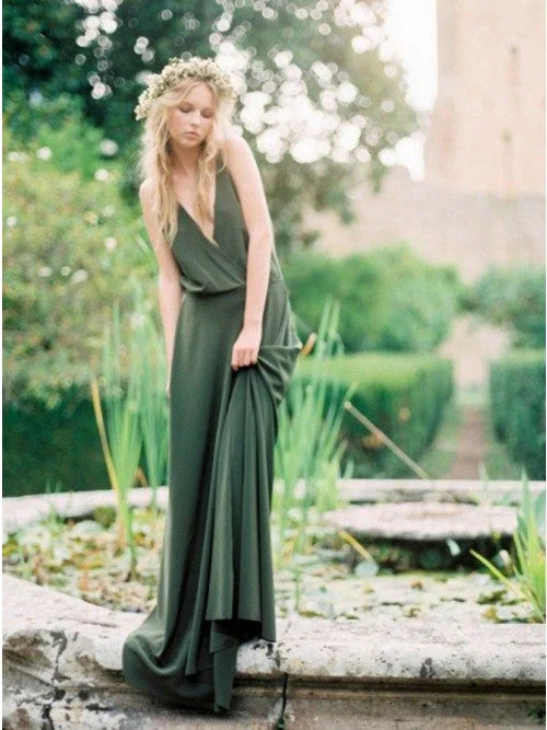 Wedding Dress For Guest/A-Line Spaghetti Straps Backless Sweep Train Dark Green Chiffon Bridesmaid Dress/Formal Wear Dresses