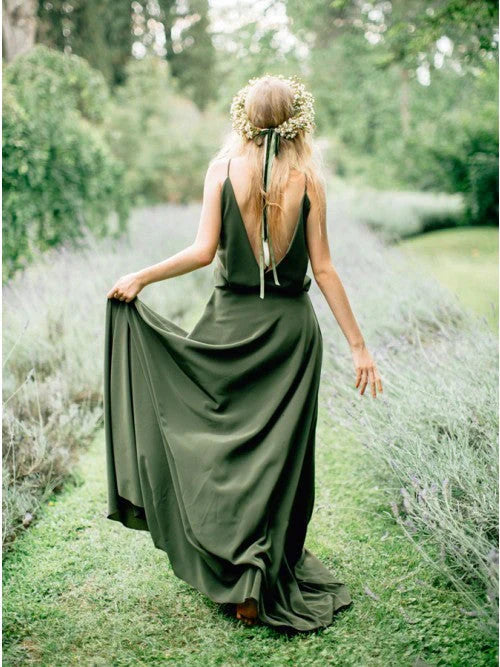 Wedding Dress For Guest/A-Line Spaghetti Straps Backless Sweep Train Dark Green Chiffon Bridesmaid Dress/Formal Wear Dresses