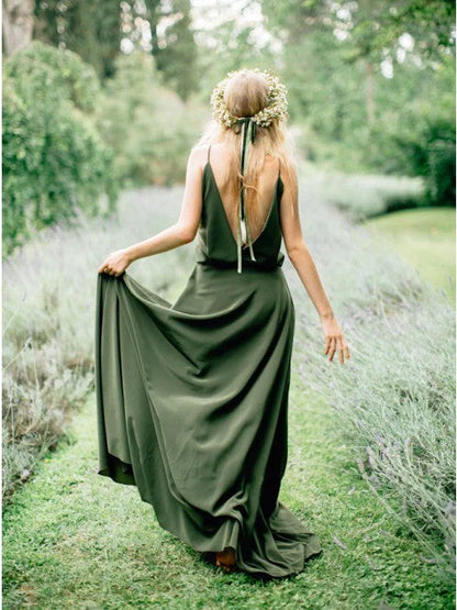 Wedding Dress For Guest/A-Line Spaghetti Straps Backless Sweep Train Dark Green Chiffon Bridesmaid Dress/Formal Wear Dresses
