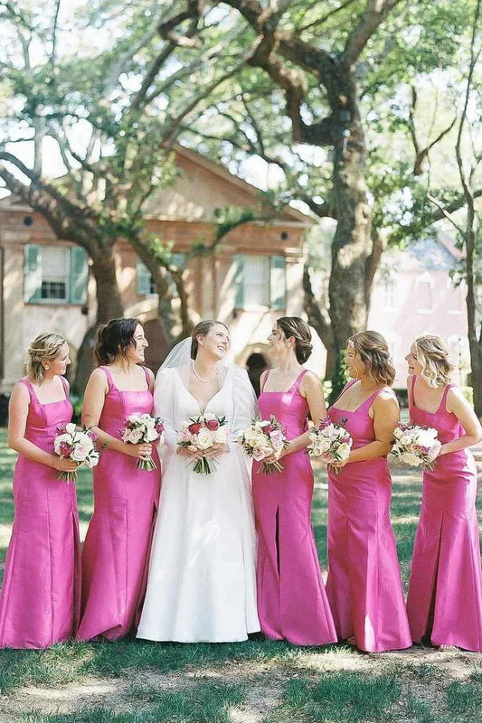 Wedding Dress For Guest/Elegant Sheath Square Neck Fuchsia Satin Bridesmaid Dresses with Bow/Formal Wear Dresses