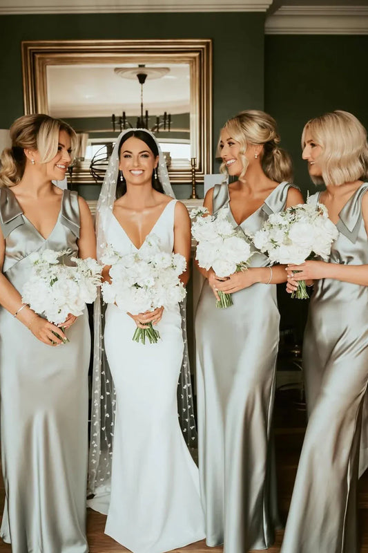 Wedding Dress For Guest/Fashion Sheath V Neck Sage Green Silk Satin Bridesmaid Dress with Bow/Formal Wear Dresses