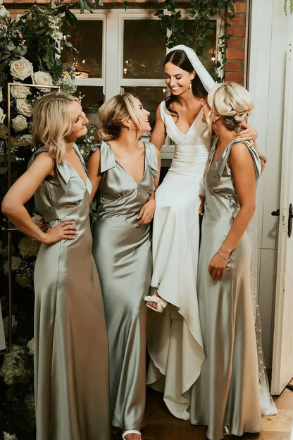 Wedding Dress For Guest/Fashion Sheath V Neck Sage Green Silk Satin Bridesmaid Dress with Bow/Formal Wear Dresses